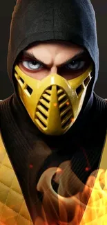 Fierce warrior in yellow mask with intense eyes and flame accents.