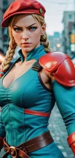 Vibrant female warrior in urban setting with teal and red costume.