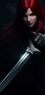 Warrior with red hair, silver armor, and a sword against a dark background.