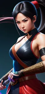 Mobile wallpaper of a fierce female warrior with a sword, dynamic pose.