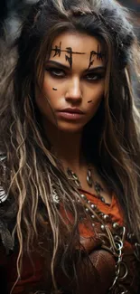 Fierce female warrior with tribal makeup and armor.