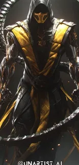 Futuristic warrior in black and yellow armor with dynamic background.