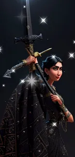 Animated warrior princess with a sword in dark, detailed fantasy art style.