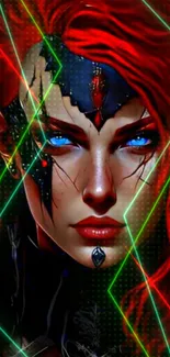 Digital art of a fierce red-haired warrior with vibrant colors and striking features.