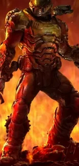 Epic fiery scene with armored warrior in battle stance.