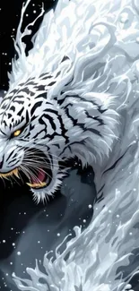 Fierce white tiger blending with water in artistic mobile wallpaper.