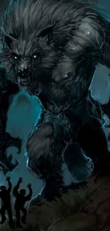 Dynamic werewolf art with silhouettes and blue tones.