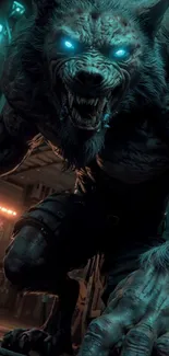 Fierce werewolf in cyberpunk setting with glowing eyes.