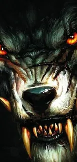 Intense werewolf with glowing eyes and sharp fangs in a dark-themed mobile wallpaper.