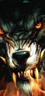 Fierce werewolf with fiery eyes in dark mobile wallpaper.