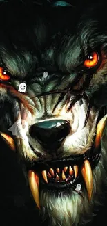 Fierce werewolf with glowing eyes and sharp fangs in dark fantasy art.