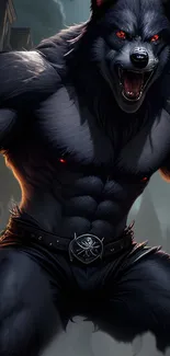 Dark, fierce werewolf with glowing eyes and muscular build in a fantasy setting.