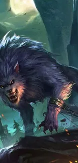 Fierce werewolf in dark mystical landscape wallpaper.