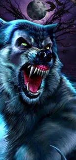 Fierce werewolf under a full moon night sky wallpaper.