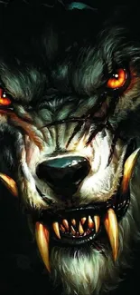 Fierce werewolf with fiery eyes in dark mobile wallpaper.