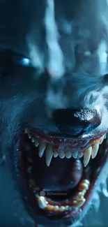 Intense icy blue werewolf with sharp teeth and fierce expression.