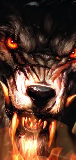 Fierce werewolf with glowing eyes and sharp fangs in dark mobile wallpaper.