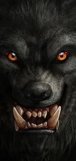 Fierce werewolf with glowing orange eyes and sharp fangs.