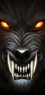 Dark werewolf face with piercing glowing eyes and sharp teeth.