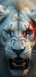 Fierce white lion with intense gaze and blood-stained face.