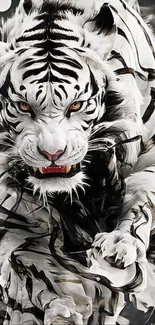 Fierce white tiger artwork on black background