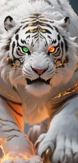 Majestic white tiger with fiery accents in dynamic digital artwork.