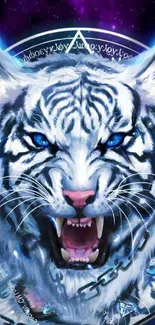 Fierce white tiger with mystical symbols in vibrant blue hues.