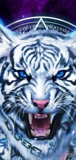 Fierce white tiger with cosmic purple background.