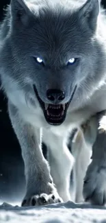 Fierce white wolf with glowing blue eyes on a snowy terrain.