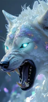 Fierce white wolf with glowing eyes in digital art.