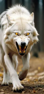 Fierce white wolf with golden eyes in a forest scene.