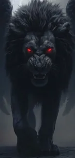 Dark, winged lion with glowing red eyes.