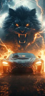 Fiery wolf and sleek car in dynamic art.