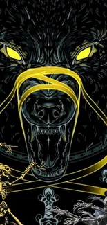 Fierce wolf with yellow ribbons and skeleton motifs on dark background.