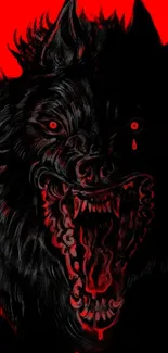 Fierce wolf with dark art design in black and red tones.