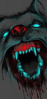 Fierce wolf with glowing eyes and a vibrant mouth on a dark background.