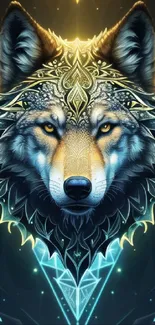 Vibrant cyan wolf art with intricate detailing.