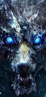 Fierce wolf with glowing blue eyes in digital art wallpaper.