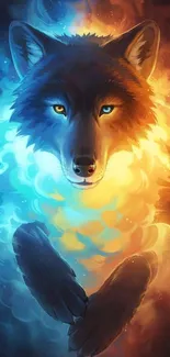 A wolf blending fire and ice in vivid colors, symbolizing balance.