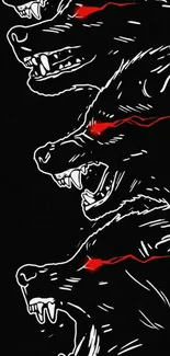 Fierce wolves with glowing red eyes on a black background for mobile wallpaper.