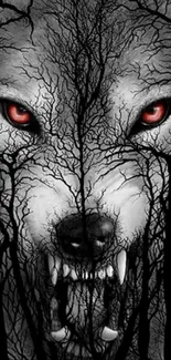 Wolf face with red eyes and tree branches on a dark background.