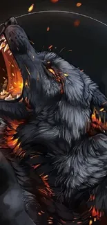 Fierce wolf with fiery accents on dark background wallpaper.