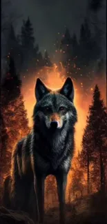 Wolf standing amidst fiery forest scene.