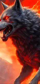 Fierce wolf engulfed in fiery red flames on a dramatic background.