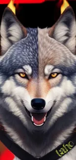 Fierce wolf with fiery background wallpaper for mobile.