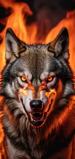 Fierce wolf with flames background wallpaper.