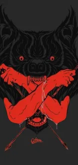 Gothic black wolf with red arms crossed and arrows in graphic style.