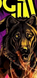 Fiery wolf graphic with bold colors.