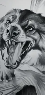 Grayscale artwork of a fierce wolf in close-up view for mobile wallpaper.