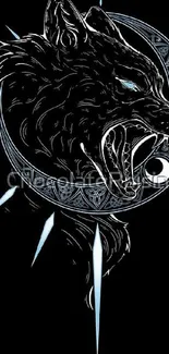 Fierce wolf illustration on a dark background with abstract accents.